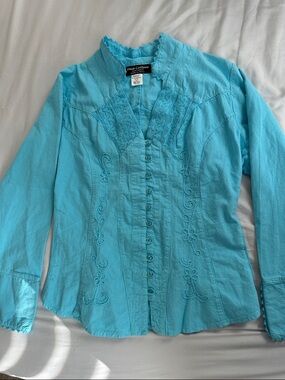 Vintage 100% Cotton Turquoise Button Front Long Sleeve Top